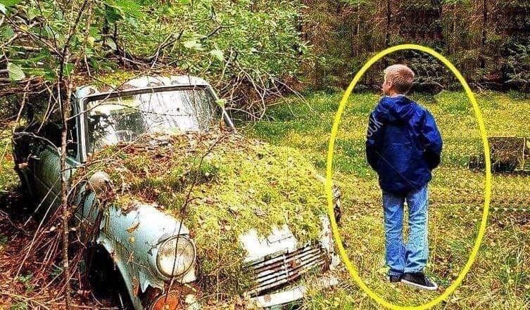 Kid Walking Through Forest Finds An Abandoned Old Car, Notices An Old Box With An Envelope Inside