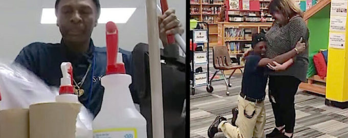 A janitor who walks miles to work drops to his knees after coworkers tell him the news