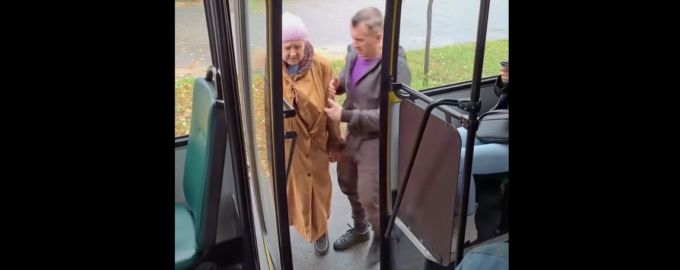 The old lady tried to get on the bus, but the passengers did not allow her. The bus driver taught a lesson to all the passengers