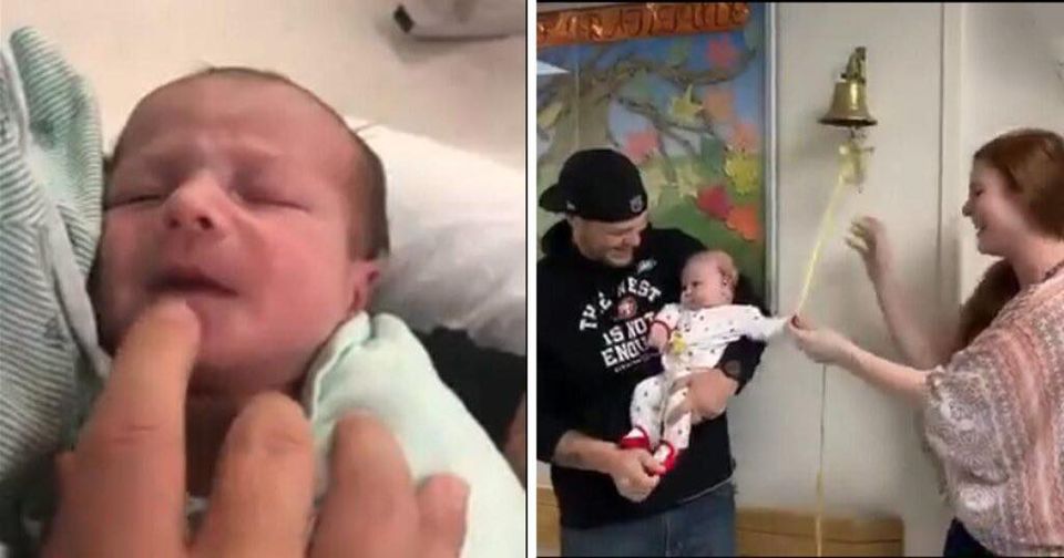 4-Month-Old Baby Girl Beats Brain Cancer And Mom Helps Her Ring The Bell As She Leaves Hospital