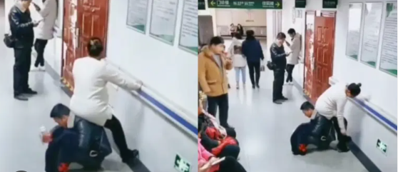 The pregnant woman’s husband knelt in the aisle so that his wife could sit on his back