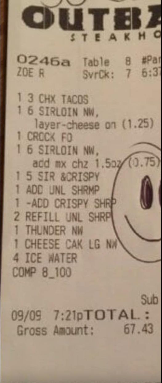 Two Outback workers wish nobody saw what message they wrote on cops’ receipt
