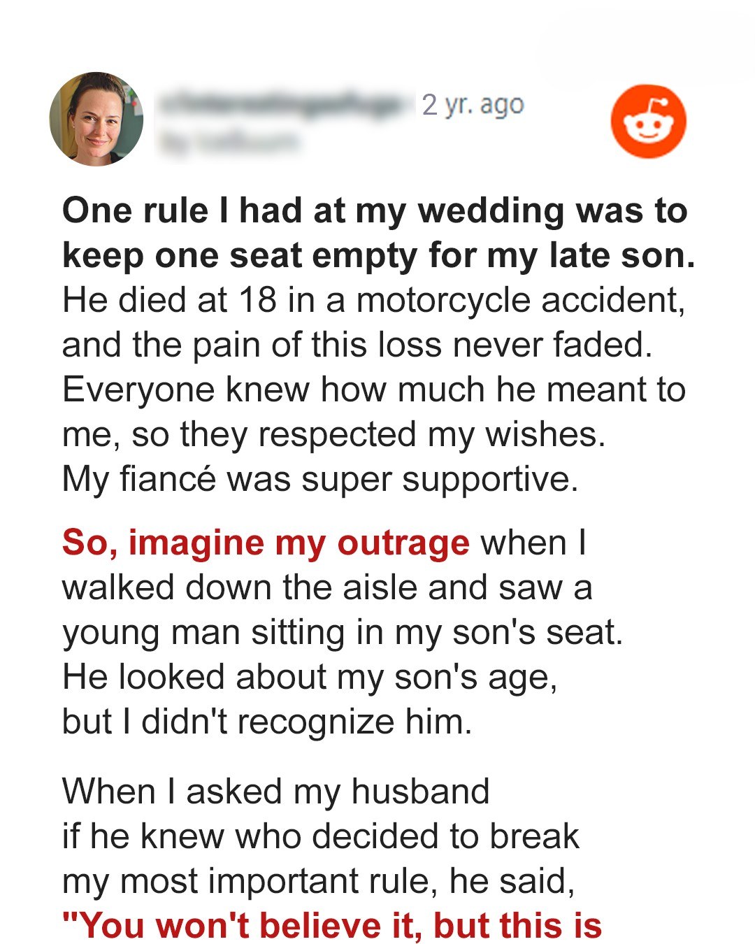 Woman Leaves Empty Seat for Late Son at Her Wedding, Sees Unfamiliar Man Occupy It